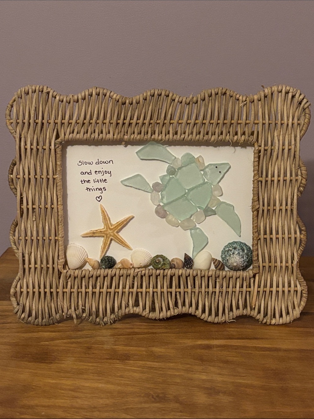Artisan Sea Glass Sea Turtle & Shells Art in Wicker Frame
